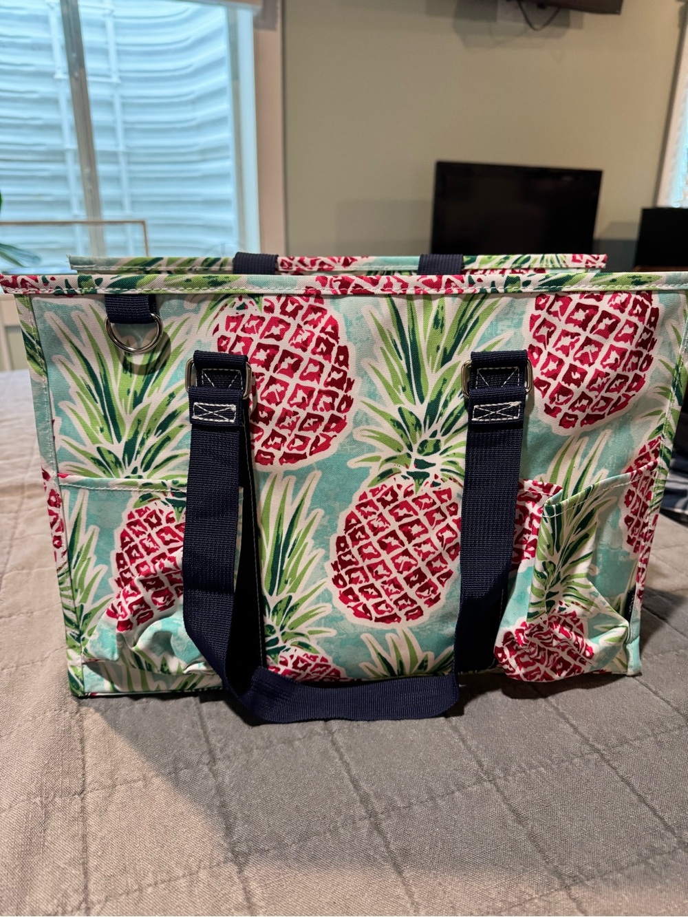 Tropical Pineapple Canvas Tote Bag in Teal and Red